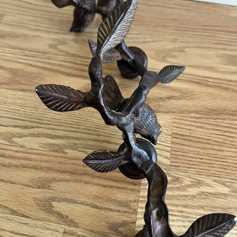 Vintage patinated brutalist abstract birds on branch candelabra metal 3 candles